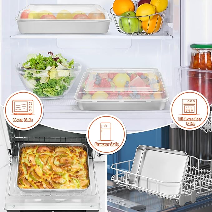 Herogo Baking Pan with Lid, 8 x 10 Inch Nonstick Rectangle Stainless Steel Cake Pan Sheet, Deep Cakes Bakeware with Lid for Brownies Casseroles, Non Toxic & Dishwasher Safe, Set of 2