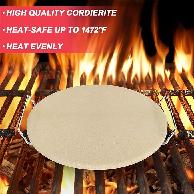 "DcYourHome 12 inch Round Pizza Stone with Rack for Oven, BBQ Grilling, Natural Cordierite Pizza Stone Kit with Pizza Peel & Plastic Scraper for Baking Bread, Universal High Temperature Baking Stone"