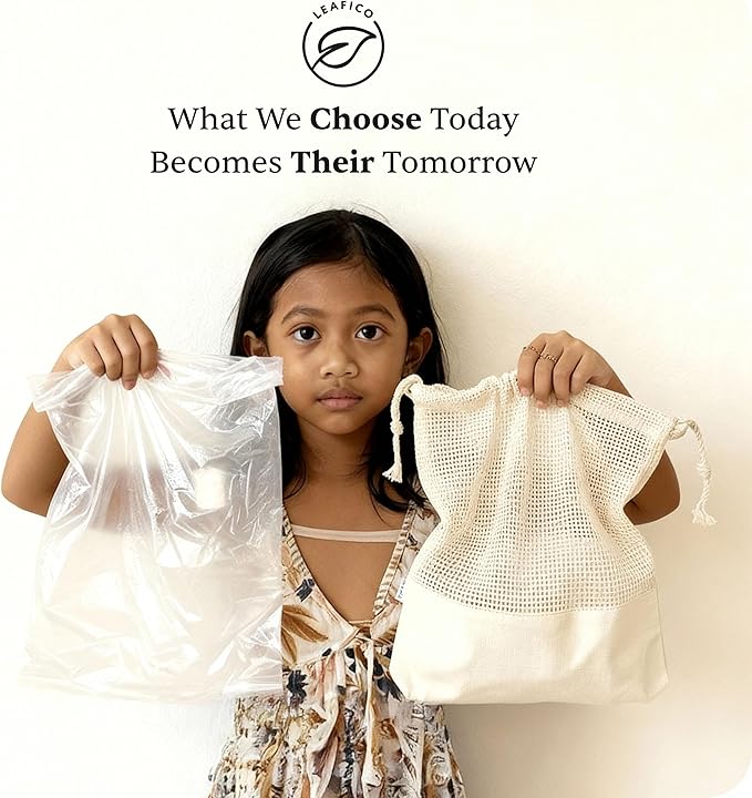 LEAFICO Reusable Produce Bags – 100% Cotton Mesh & Solid Hybrid (Large 12x15 inch 6 Pcs) – Storage Bags for Vegetables, Toys, Clothes, Travel Packing – Washable, Plastic-Free, Breathable, Zero Waste