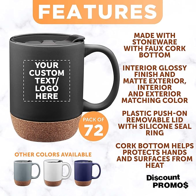 Custom Barista Ceramic Mugs with Cork Bottom 13 oz. Set of 72, Personalized Bulk Pack - Perfect for Coffee, Tea, Espresso, Hot Cocoa, Other Beverages - Black