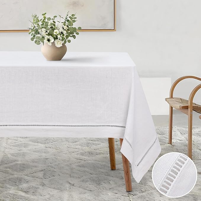 Linen World Hemstitch Linen Tablecloth, French Linen White Tablecloth 90" x 60" Inch, Washable Rectangular Table Cloth for Dining, Outdoor, Weddings and Restaurants, Decorative Valentine Easter