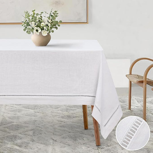 Linen World Hemstitch Linen Tablecloth, French Linen White Tablecloth 108" x 60" Inch, Washable Rectangular Table Cloth for Dining, Outdoor, Weddings and Restaurants, Decorative Valentine Easter