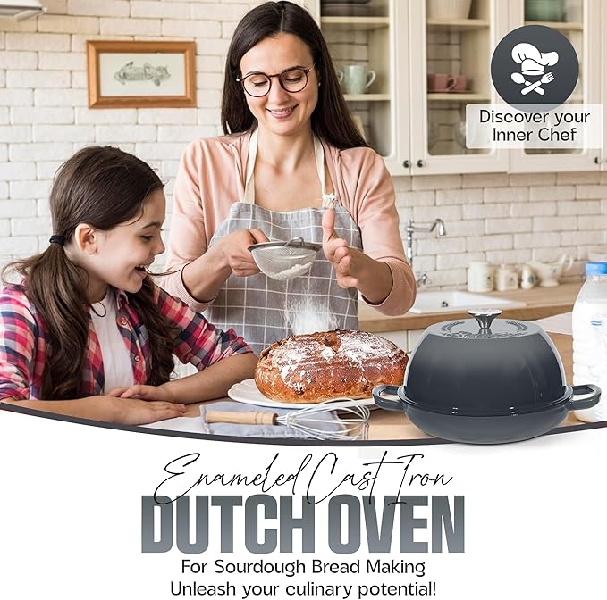 Enameled Cast Iron Dutch Oven Pot with Lid - Dutch Oven for Sourdough Bread Baking - With 5 Blade Bread Lame & Non-Stick Silicone Sling perfect for Sourdough Breads & more. Cast Iton Enamel Braiser Pan with Lid (GREY, 6 Quart Sourdough Pot)