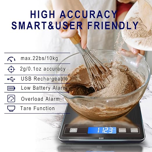 hito Food Scale 22lb Digital Kitchen Scale Rechargeable Waterproof Weight Grams and oz 1g/0.1oz Precise, for Weight Loss, Cooking and Baking, Black