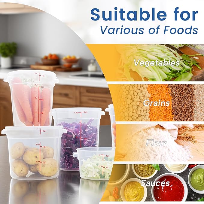4 Pack 8QT Round Food Storage Containers with Lids, BPA-Free Polypropylene NSF Commercial Food Container, with Labels & Measuring Cup