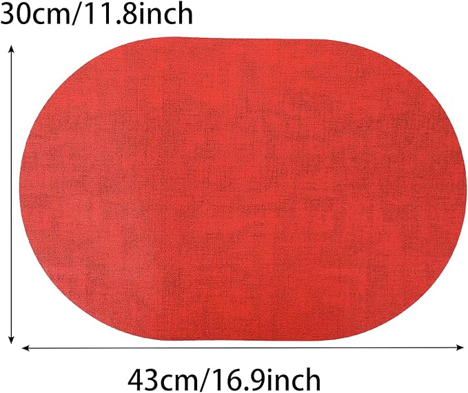 Red Placemats Set of 6 Oval,Waterproof Faux Leather Placemat Reversible,Heat Resistant Anti Slip Washable Table Placemats for Dining Table,Modern Table Protectors