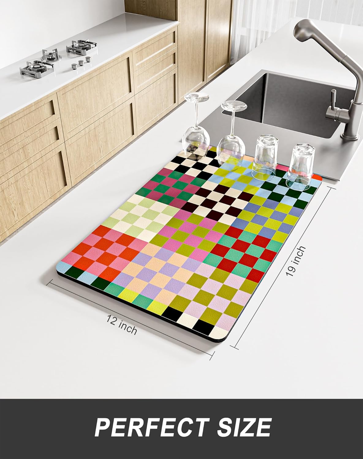 Rnivvi Dish Drying Mat for Kitchen Counter, 12 x 19" Cute Checkered Absorbent Draining Pad, Non-Slip Heat Resistant Coffee Bar Mats for Coffee Machine Station Accessories, Colorful Dish Rack Pad