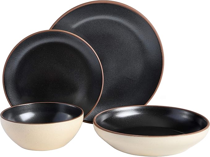 Gibson Elite Contempo Classic Double Bowl Dinnerware Set, Service for 4 (16pcs), Black