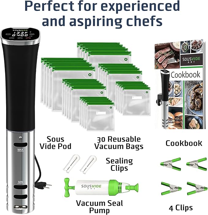 SOUSVIDE ART Sous Vide Immersion Cooker Kit - Machine with Digital Timer, Temp Control, 30 Bags, Vacuum Pump, Suvee Cooker Gift for Chefs