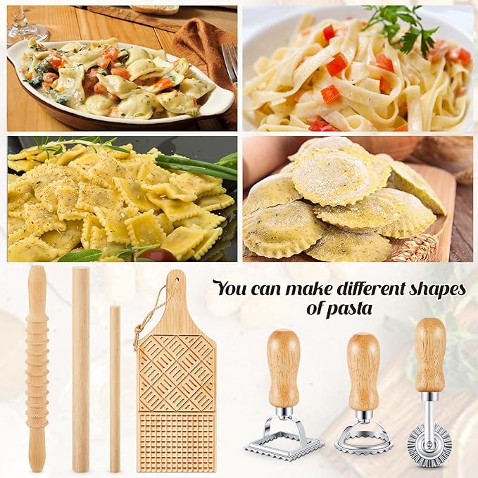 Tioncy 7 Pcs Pasta Making Tool Set Wood Gnocchi Board with Ravioli Stamp Ravioli Maker and Rolling Pin Homemade Gnocco Maker Kitchen Gift for Christmas Baking Lovers(Design Gnocchi Board Set)