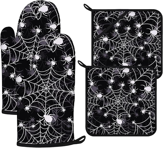 Spider Web Oven Mitts and Pot Holders Sets 4Pcs,Extra Long Oven Gloves Potholder for Kitchen Cooking Baking BBQ 100% Cotton Heat Resistant