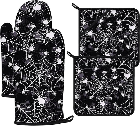 Spider Web Oven Mitts and Pot Holders Sets 4Pcs,Extra Long Oven Gloves Potholder for Kitchen Cooking Baking BBQ 100% Cotton Heat Resistant