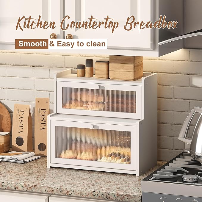 FILWH Bread Box for Kitchen Countertop Double Layer Large Corner Bread Box Capacity Bread Storage Bin Farmhouse Breadbox Container Organizer Cabinet Cupboard (White)