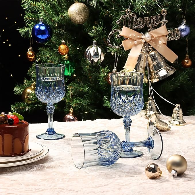 XUWAIDSGN 7oz Plastic Vintage Wine Glasses Drinking Glasses Unbreakable Wedding Glassware Crystal Water Goblets Reusable Drinkware Vintage Champagne Flutes (48, Blue)