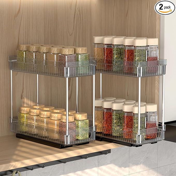 2 Pack Pull Out Spice Rack Organizer for Cabinet, 2 Tier Slide Out Spice Racks Organizer, Spice Cabinet Organizers, Cabinet Size Need:12'' High x 11'' Deep x 5'' Wide, Clear Acrylic