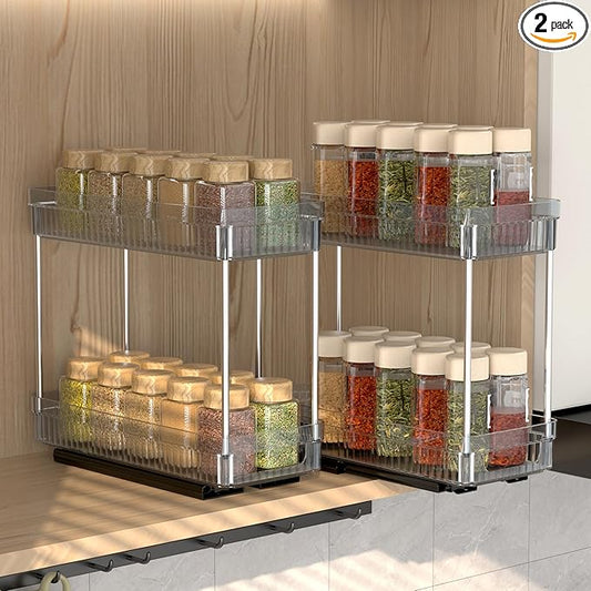 2 Pack Pull Out Spice Rack Organizer for Cabinet, 2 Tier Slide Out Spice Racks Organizer, Spice Cabinet Organizers, Cabinet Size Need:12'' High x 11'' Deep x 5'' Wide, Clear Acrylic
