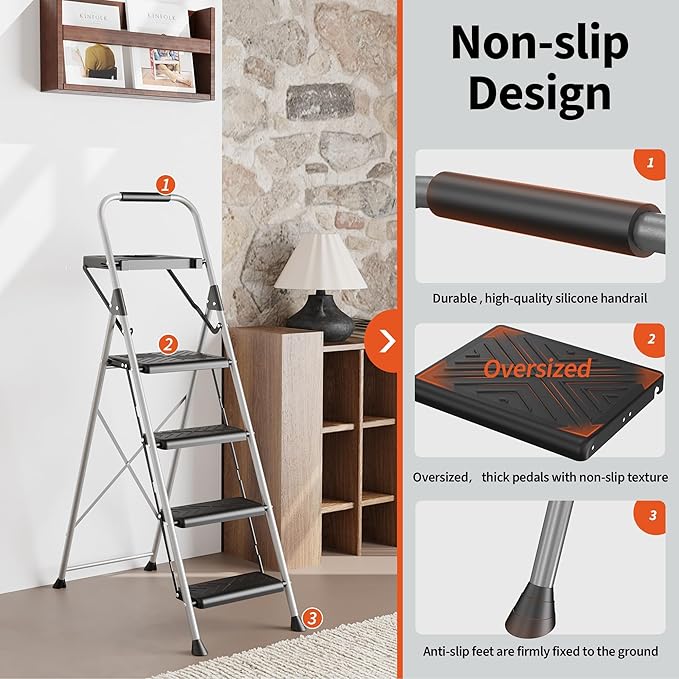 4 Step Ladder, Folding Step Stool with Tool Platform, Wide Anti-Slip Pedal and Anti-Slip Feet, Heavy-Duty Steel Construction, 900lbs Capacity Portable Safety Ladder, No Assembly Required, Grey