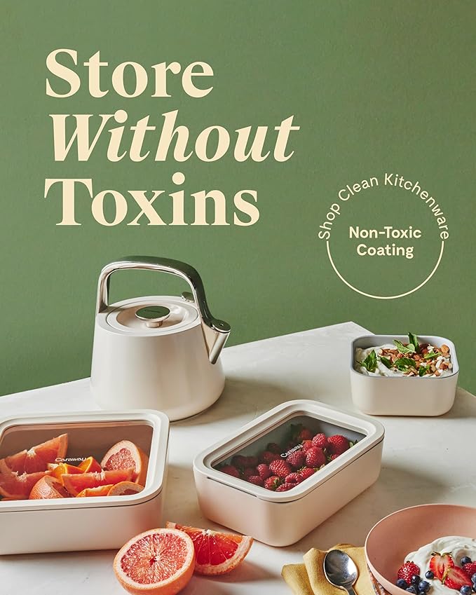 Caraway 3pc Glass Food Storage Set – 10 Cup, 6.6 Cup, & 4.4 Cup Food Containers - Ceramic Coated - Non Toxic Non Stick Lunch Box with Glass Lids - Dishwasher, Oven, & Microwave Safe - Mist