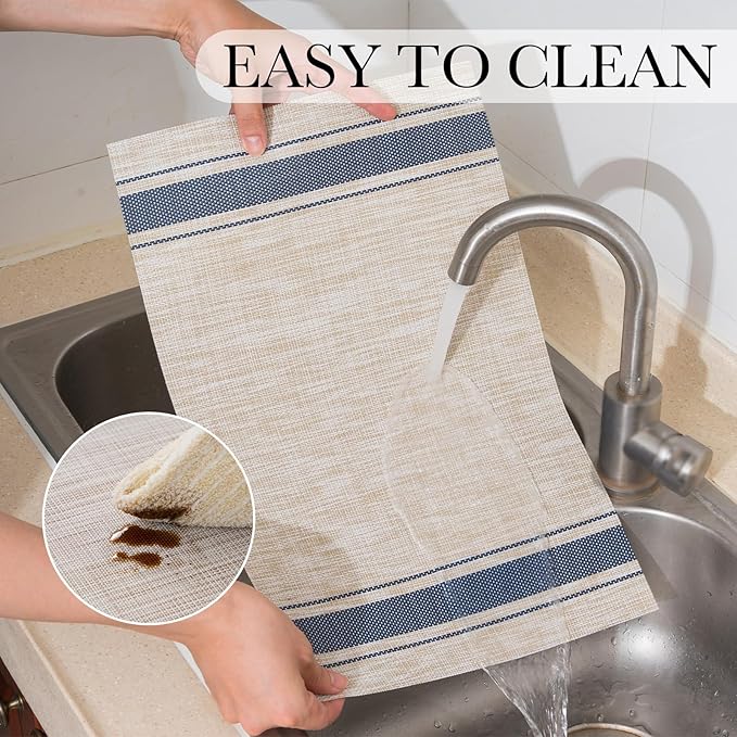 BACKTOEDEN Placemats Set of 6 Heat Resistant Washable Wipeable Placemat Woven Non-Slip Foldable Vinyl/Plastic Place Mats Indoor/Outdoor Mat Kitchen Dining Table Pad, Blue Skyline