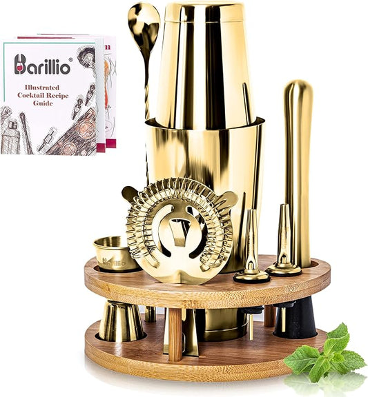 Barillio Gold Mixology Bartender Kit with Stand - Cocktail Shaker Set with Bamboo Stand, Boston Drink Shaker, Mojito Muddler, and Drink Mixer Spoon - 9-Piece Bar Tools Set - Bar Accessories for Home