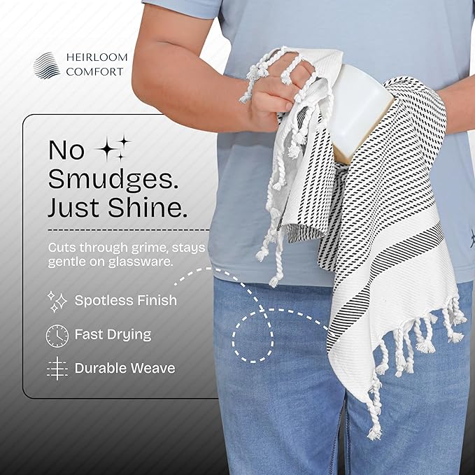 Black Turkish Kitchen Towels 16x26 Inch, 5 Pack, 100% Cotton, Ultra Absorbent, Soft, Fast Dry, Machine Washable, Dish Towel with Tassels for Drying Dishes, Cleaning, Everyday Use