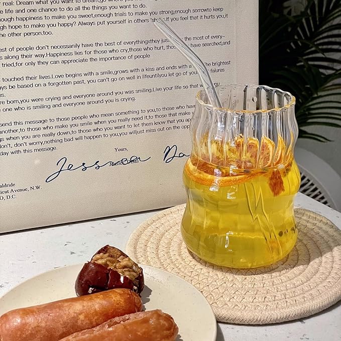 2 Pcs Ribbed Glass Cups, 18 Oz Vintage Drinking Glassware with Wave Shape Design, Bubble Cups for Iced Coffee, Juice, Beverage, Milk, Cocktails, Bubble Tea, and More