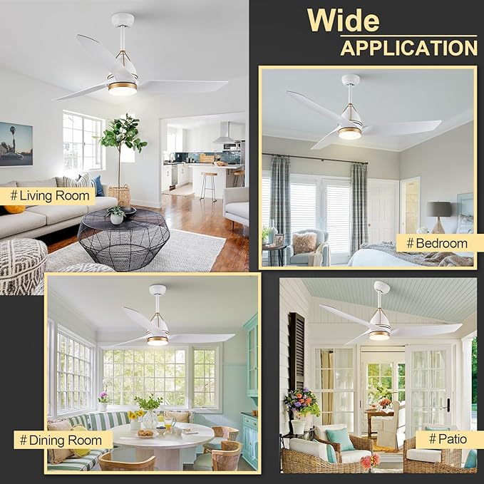 56inch White Ceiling Fan with Lights 3-Blade Modern Ceiling Fans Kitchen Ceilings Fans Light with Remote Control Outdoor Ceiling Fan Lighting for Patio Living Room Bedroom
