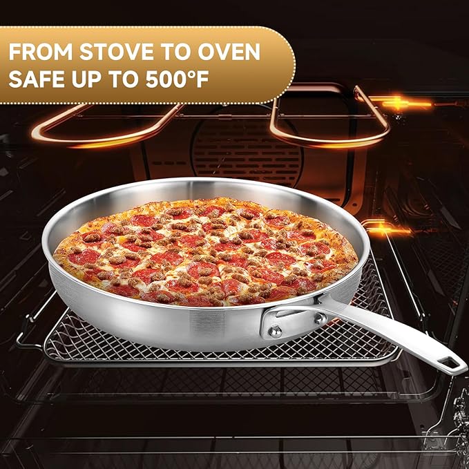 Inqibee 8.5-10-12 Inch Tri-Ply Stainless Steel Frying Pan set of 3 with a Lid,Skillets,Induction Cooking Pans,Pots and Pans Set,Oven and Dishwasher Safe,Detachable Handle.