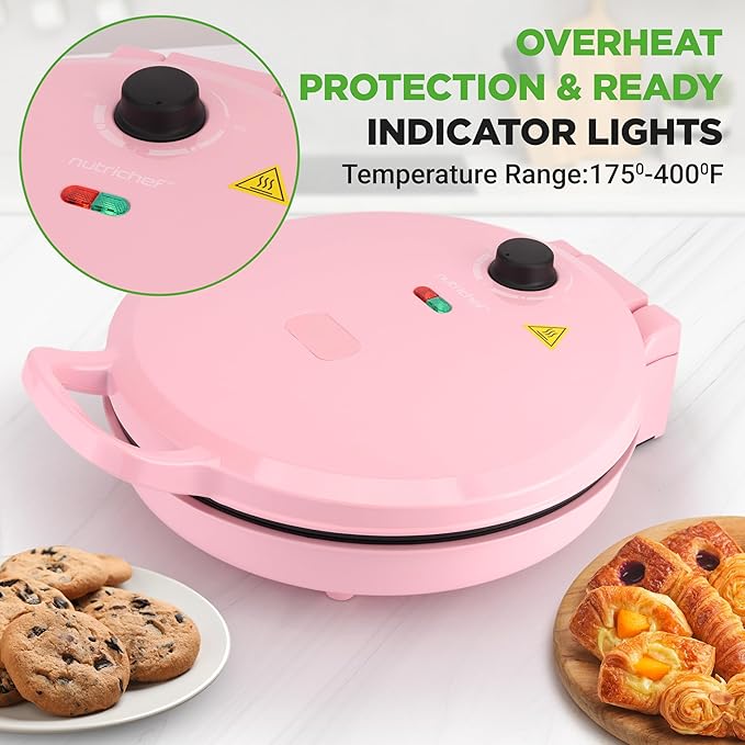 NutriChef Countertop Pizza Maker | 1500W Non-Stick Electric Pizza Cooker | Make 12" Personal Pizzas, Eggs, Toast, Quesadillas & More | Cool-Touch Handles & Space Saving | Temp Range 175-400°F | Pink