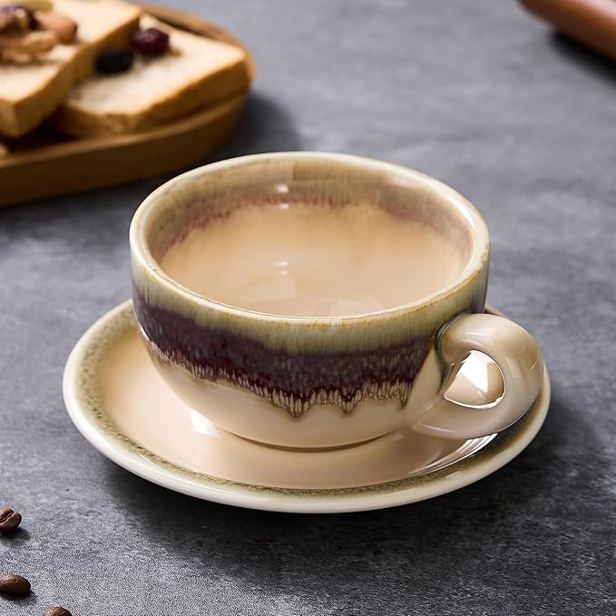 Vintage Design 12 oz Ceramic Latte Art Cappuccino Barista Cup with Saucer (Brown)