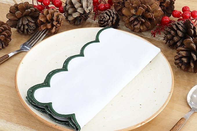 PurpleEssences Scalloped Embroidery Cloth Napkins Christmas Holiday Winter Table Decor 100% Cotton Set of 4-18 x 18 inch - White - Edges - Forest Green