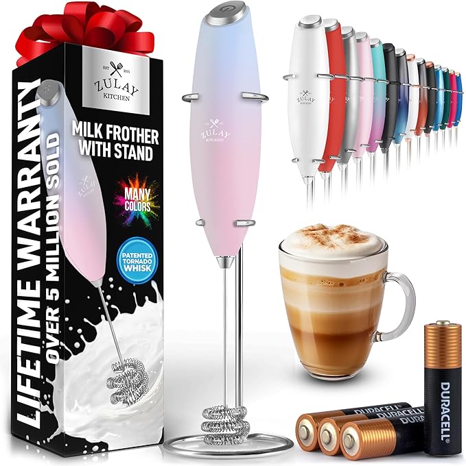 Zulay Kitchen Tornado Whisk Milk Frother with 4 AA Duracell Batteries - Triple Whisk for More Power - Handheld Coffee Frother with Stand - Drink Mixer for Lattes, Matcha & Protein Shakes