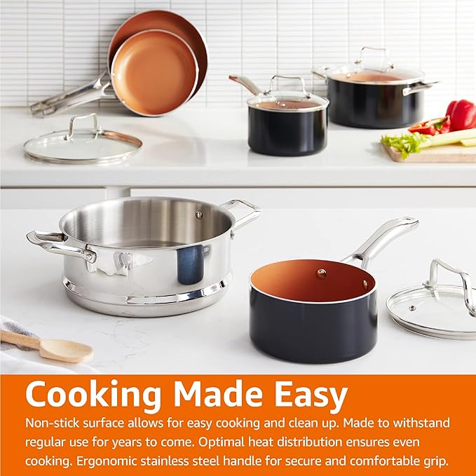 Amazon Basics Ceramic Nonstick Pots and Pans Cookware Set, Dishwasher & Oven Safe, Even Heating, 10-Piece Set, Copper Color