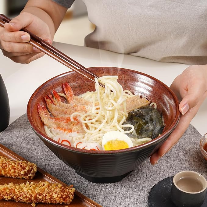 NUTRIUPS Ceramic Ramen Bowl Set of 2 Noodles Bowl with Chopsticks and Spoons, 50oz Large Ramen Bowl- Rusty Red Brown