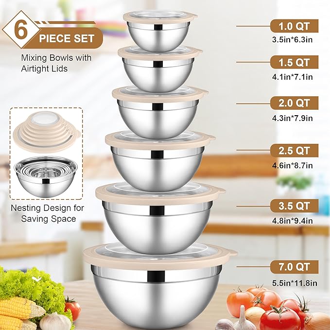 LIANYU 6 PCS Large Mixing Bowls with Visible Lids Set, Size 7, 3.5, 2.5, 2, 1.5, 1QT, Stainless Steel Kitchen Metal Nesting Bowls for Cooking, Baking, Serving, Freezer & Dishwasher Safe, Khaki