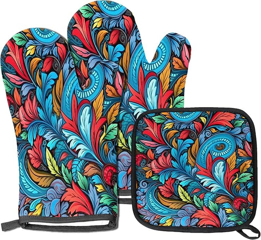 Oven Mitts Pot Holders Set 3 for Kitchen, Retro Flowers Insulation Oven Gloves Heat Resistant Pot Pads Cook Essentials Accessories for BBQ Baking Cooking Kitchen Decor Gifts for Women