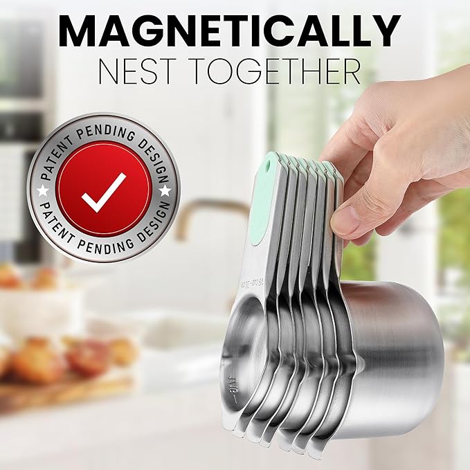 Spring Chef Magnetic Stainless Steel Measuring Cups, Patented, Kitchen Tools with Easy to Read Markings for Measuring Dry or Liquid Ingredients, Set of 7, Mint