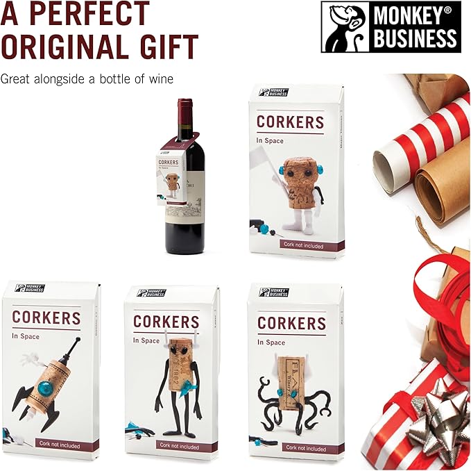 Corkers Wine Accessories by Monkey Business, Set of 4 Collectible Spaced Themed Designs, Crafting Parts for Corks. Gifts for Wine Drinkers and Wine Enthusiasts