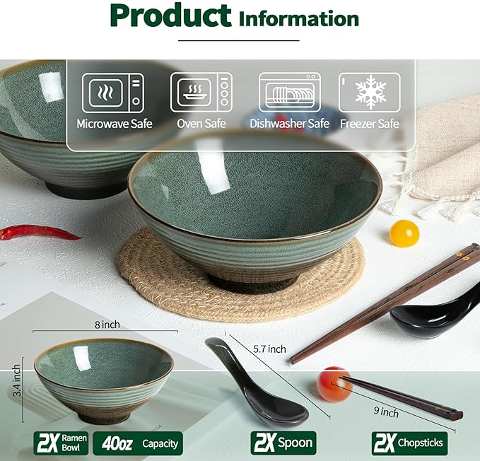 40 oz Ceramic Ramen Bowl Set of 2, Ramen Noodle Bowl with Spoons and Chopsticks 8 Inch Japanese Retro Style Large Soup, Pho, Udon Bowls, Microwave & Dishwasher Safe, Green
