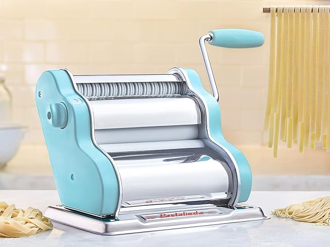 PASTALINDAClassic 200 Pasta Maker Machine, 20 cm Wide Rollers, 9 Thickness Positions, 2 Cutting Positions, Stainless Steel. Includes Reinforced Hand Crank And Two Clamps (Acqua)