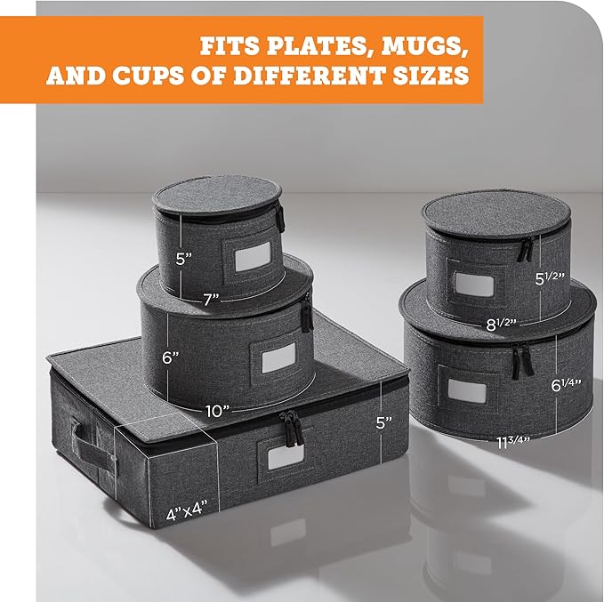 storageLAB China Storage Containers, Hard Shell Case with Felt Dividers for Charger Plates, and Dishes, Ideal for Kitchen Organization, Moving Supplies, and Fine China Storage - 5-Piece Set, Gray