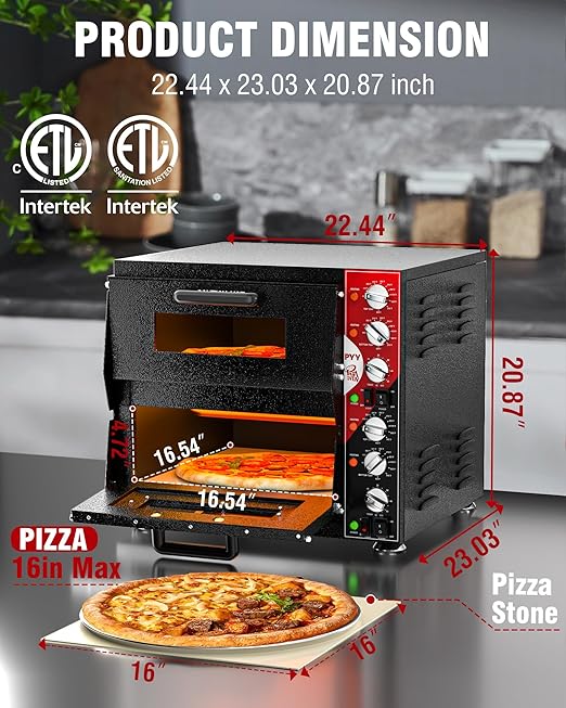 PYY Indoor 16in Pizza Oven - Double Decker Electric Pizza Ovens Countertop with Pizza Stone, 60-Min Ring Timer, for Home and Restaurant Commercial, 3200W, ETL Listed,Black