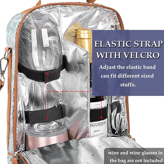 Tirrinia 2 Bottle Insulated Wine Tote Bag - Wine Tumbler Glass Cooler Carrier for BYOB Restaurants, Travel, Park, Beach - Blue & White Strap