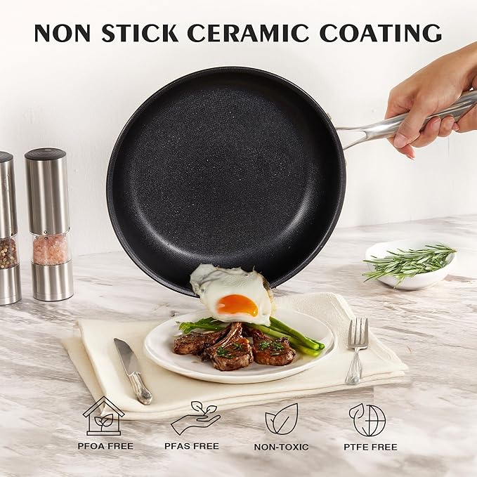 KITEXPERT Non Stick Frying Pans Set - 2 Piece (10, 12") Titanium Ceramic Pan with Lids, Nonstick Skillet Stainless Steel, PFAS PFOA & PTFE Free, Dishwasher & Oven Safe, All Cooktops Compatible