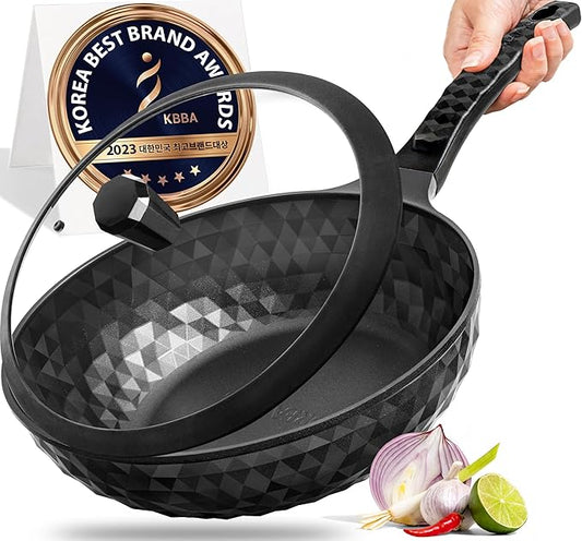 Diamond X Premium Non Stick Wok Pan with Lid - 11" Large Flat Bottom Chinese Wok - Woks & Stir-fry Pans Nonstick - Titanium-Coated 8-Layered Korean Engineered Skillet for Frying, Oil-Free, PFOA-Free
