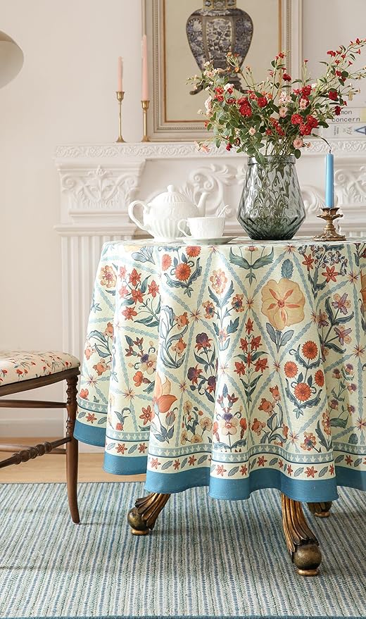 French Tablecloth for Round Tables,Linen Table Cloth with Colorful Flowers and Leaves Pattern,Heavy Durable Table Cover for Dining Thanksgiving Kitchen Decor Party Christmas,55"*55"