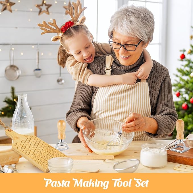 Tioncy 7 Pcs Pasta Making Tool Set Wood Gnocchi Board with Ravioli Stamp Ravioli Maker and Rolling Pin Homemade Gnocco Maker Kitchen Gift for Christmas Baking Lovers(Pattern Gnocchi Board Set)