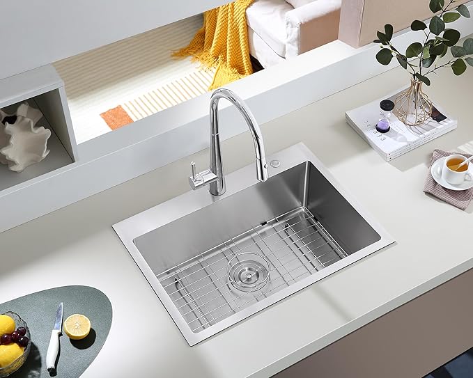 MENATT 25 Inch Drop in Kitchen Sink Brushed, 18 Gauge Stainless Steel 2 Holes Single Bowl Topmount Kitchen Sinks with Drain Assembly & Grid, D25"xW18"xH9"