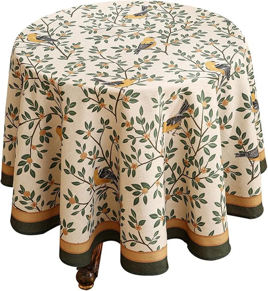 patdrea Designer Floral Linen Table Cloth Durable Breathable Tabletop Cover Dacorative Kitchen Dining Tablecloth for Round Tables for Kitchen Dining Parties,Holiday Christmas,Diameter 67"