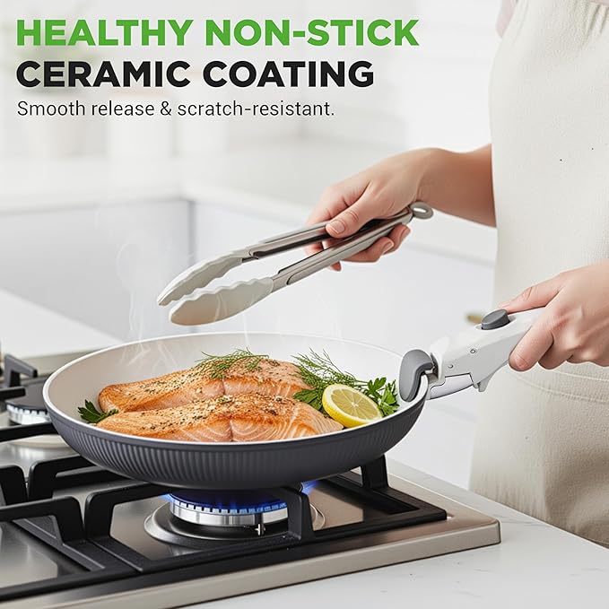 NutriChef 18-Piece Ceramic Cookware Set with Detachable Handles, Non Stick Pots and Pans, PTFE-Free Natural Ceramic Coating, Space-Saving Design, Oven & Stove Safe, Includes Utensils